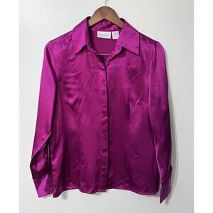 Vintage 90s Pink Silk Long Sleeve Medium Button Up Shirt Blouse Y2K Metallic